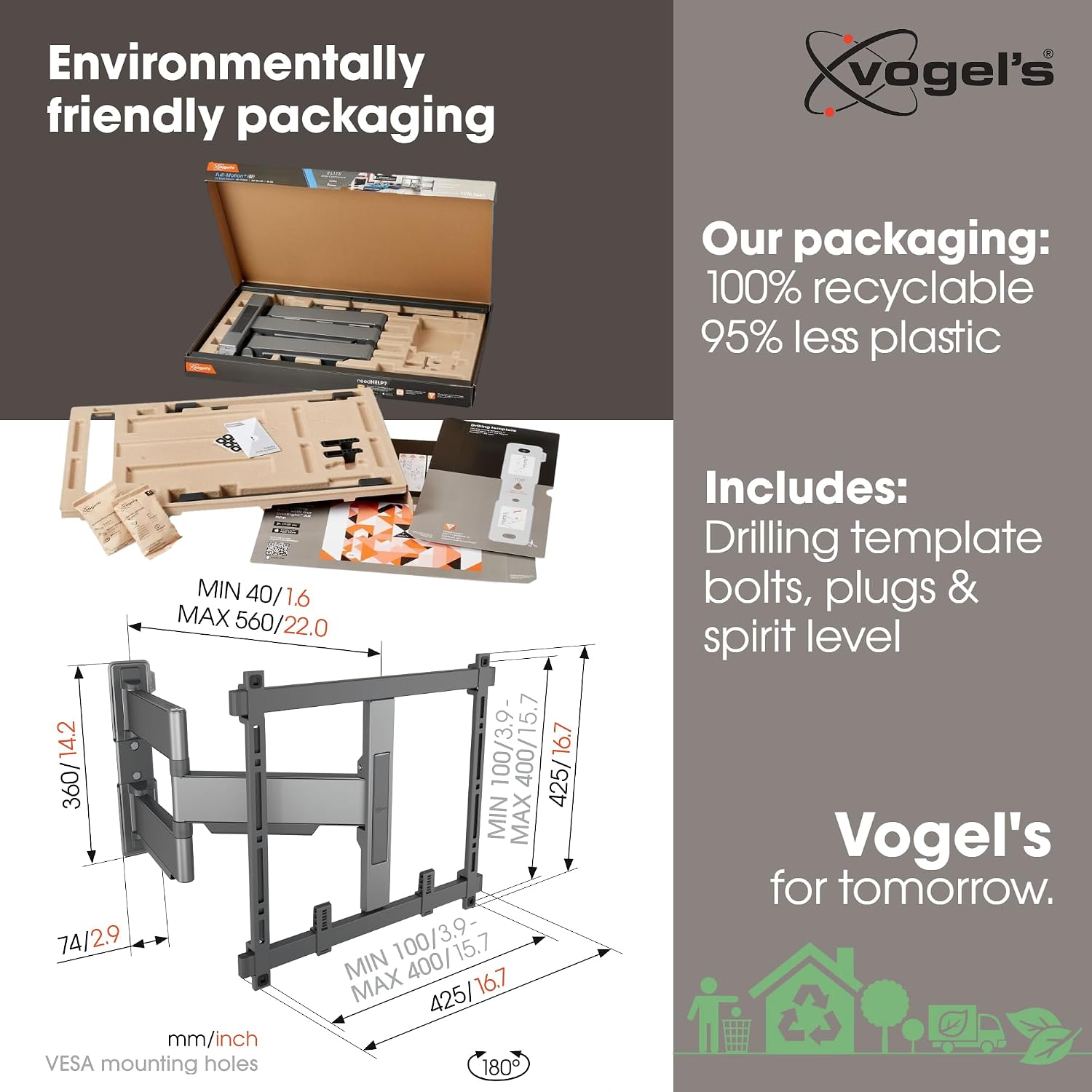 Vogel's TVM 5445 Full-Motion Ultra-Thin TV Wall Bracket for 32-65 inch TVs, Max. 77 lbs, Swivels up to 180°, Full-Motion TV Mount max. VESA 400x400, Universally Compatible