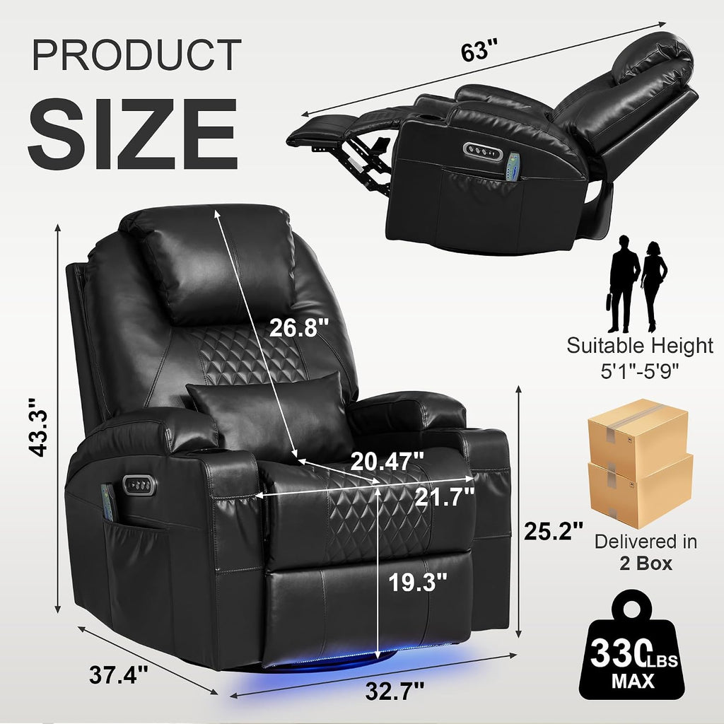 Dual Motor Power Swivel Rocker Recliner Chair for Adults with Heat and Massage,Electric Wall Hugger Glider Rocking Recliner for Nursery Living Room with LED Lights,USB A&C Ports(Black, Single)
