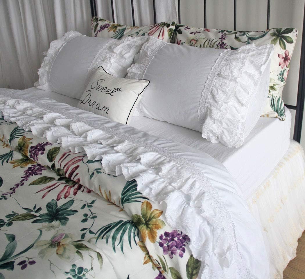 QSH Luxury Eyelet Lace Ruffle Sheets Set King Size French Country Bedding 100% Washed Cotton Shabby Bed Sheet 4pcs Deep Pockets Ruffled Bed Sheets