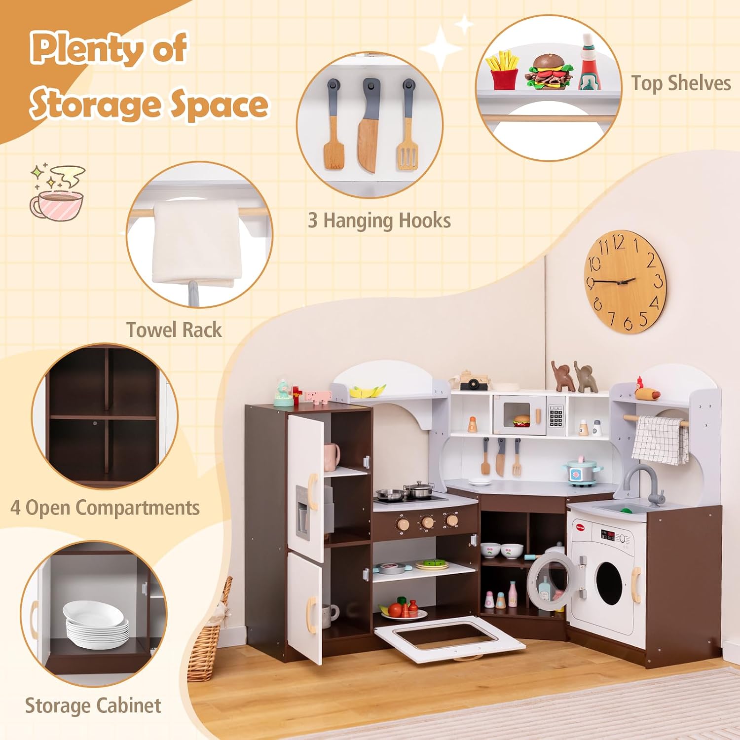 Costzon Corner Kids Kitchen Playset, Wooden Play Kitchen with Sounds & Lights, Washing Machine, Ice Maker, Microwave, Oven, Sink & Faucet, Pretend Toy Kitchen Set for Toddler, Gift for Boys Girls