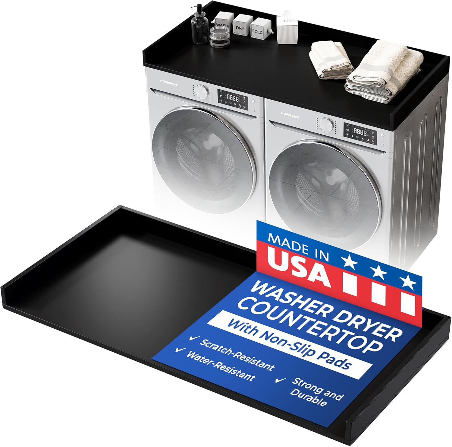 OfficeSimpli Washer Dryer Countertop, Made in USA, Non-Slip Pads, Laundry Room Wood Topper, Washer Dryer Cover for Top, Laundry Countertop, Laminate Finish (Black, Standard (27.5' x 54'))
