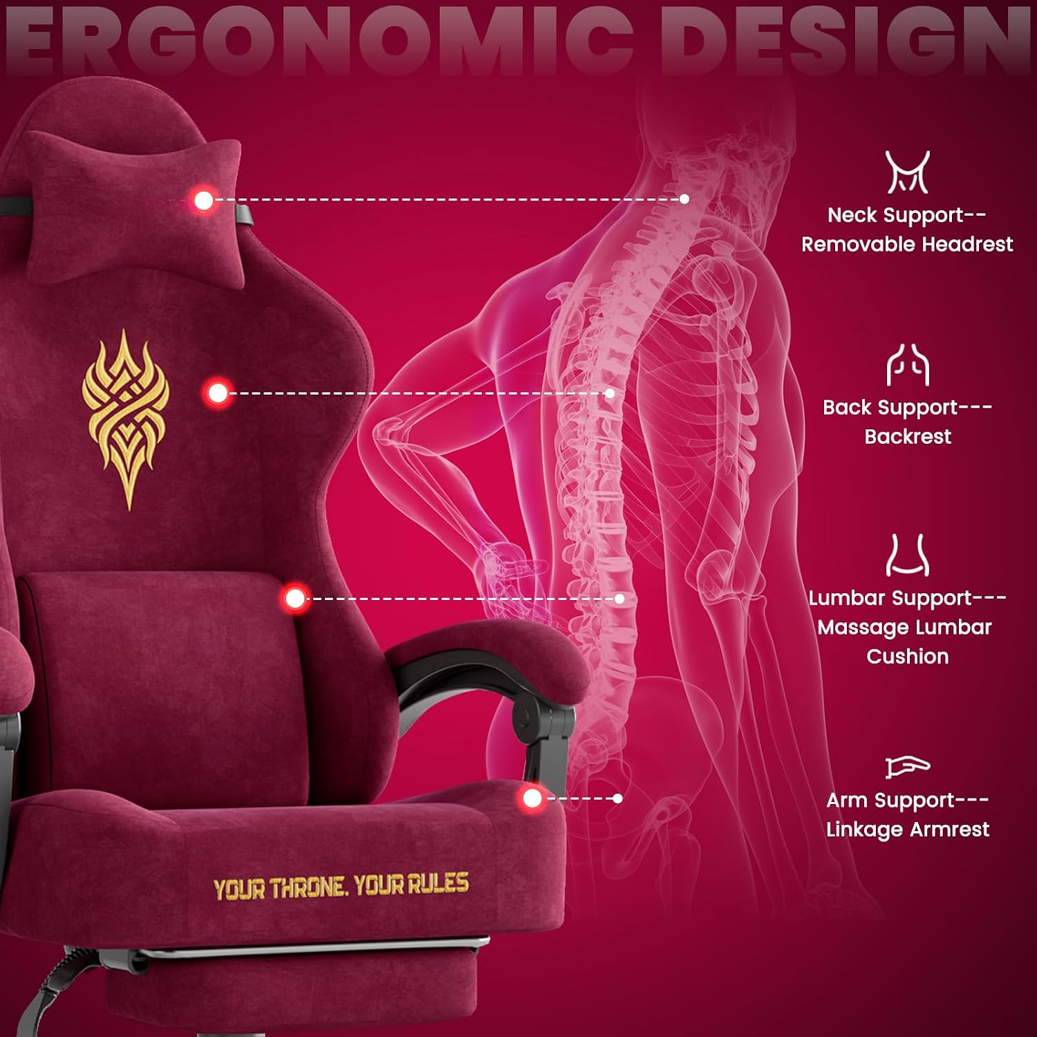 Ferghana Velvet Ergonomic Gaming Chair – High Back Design with Fire Embroidery, 20.5″ Wide Seat Cushion, Massage Lumbar Support & Footrest, Adult Computer Chair, Red