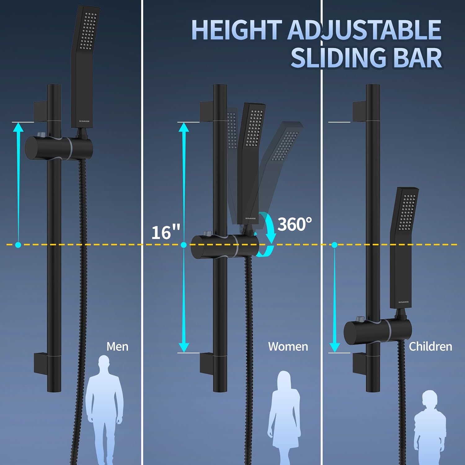 SR SUN RISE 12 Inch Slide Bar Shower Faucet Luxury High Pressure Shower Heads and Handheld Spray Combo Set Wall Mounted Shower System Included Valve and Trim Kit, Matte Black
