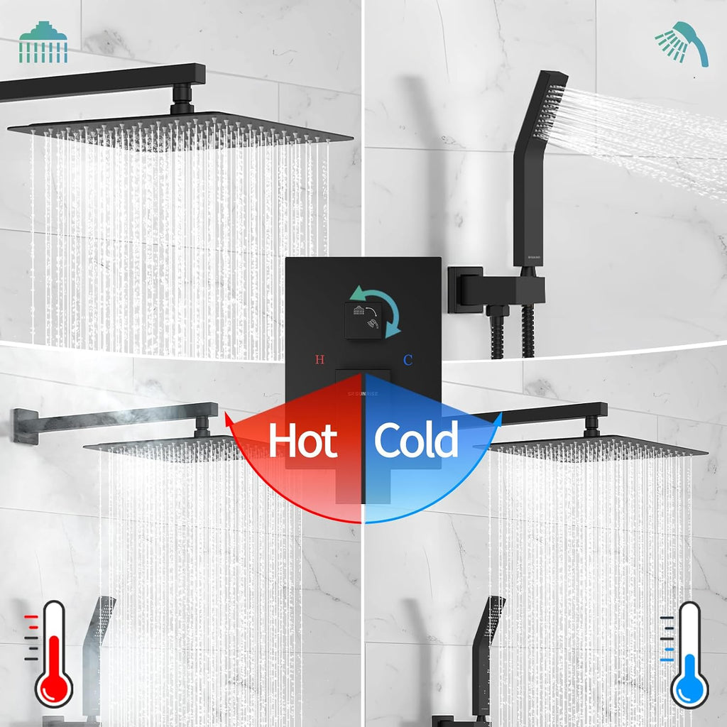 SR SUN RISE 12 Inches Matte Black Shower System 12 Inch Brass Bathroom Luxury Rain Mixer Shower Combo Set Wall Mounted Rainfall Shower Head System Shower Faucet Rough-in Valve Body and Trim Included
