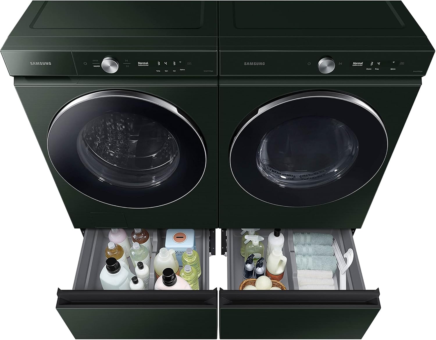 SAMSUNG 27-Inch Bespoke Front Load Washer Dryer Pedestal Stand w/ Pull Out Laundry Storage Drawer, WE502NG, Forest Green