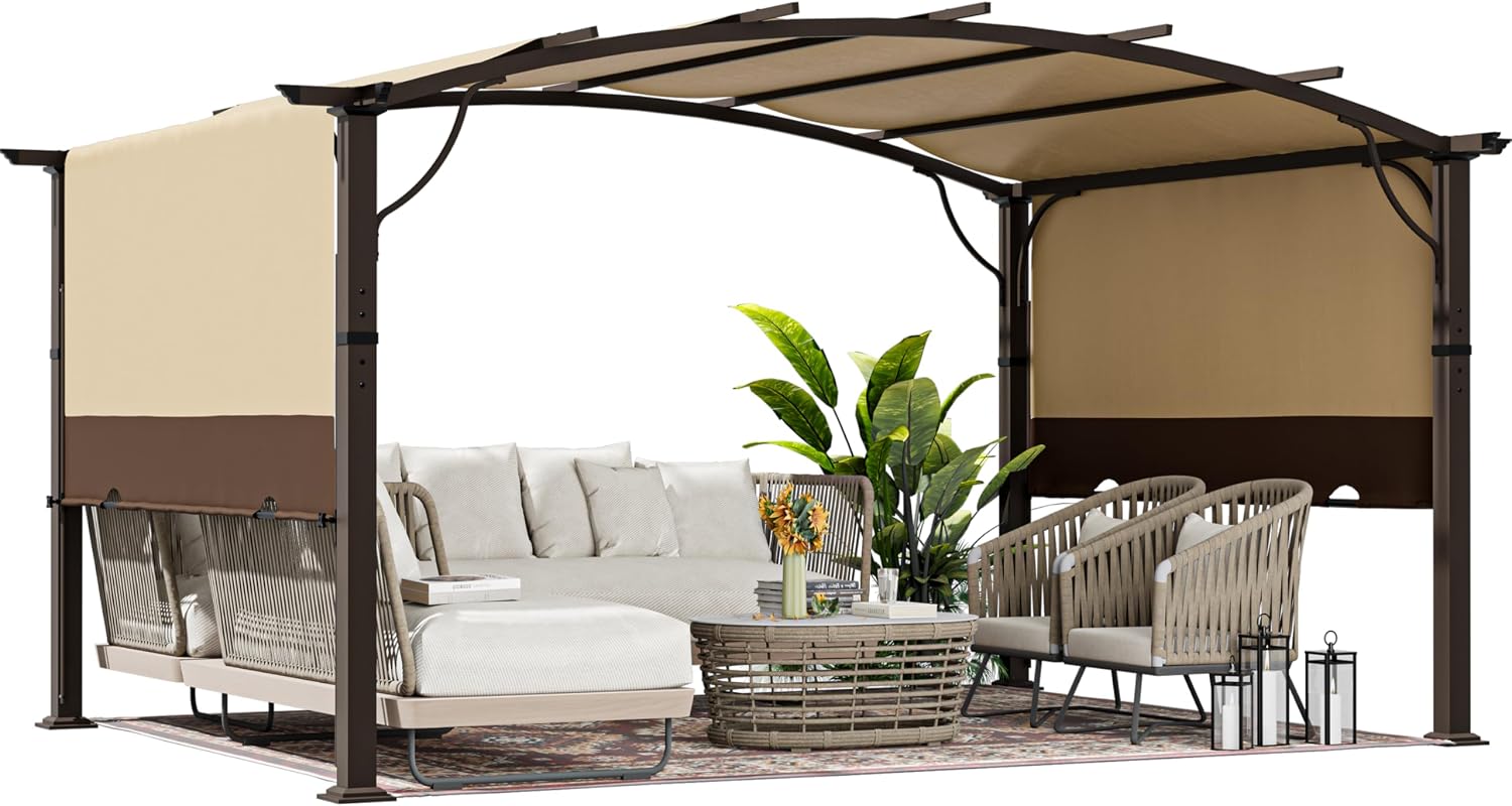 HAPPATIO 10' x13' Outdoor Retractable Pergola, Aluminum Pergola with Canopy Fixed in Various Positions, Arched Patio Top with Sun Shade Canopy Metal Frame for Backyards, Gardens, Patios (Brown)