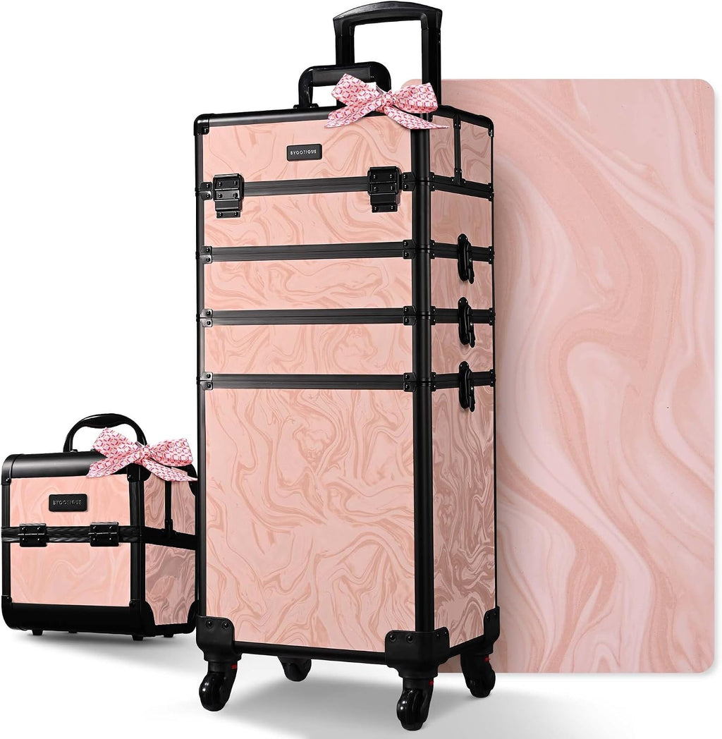 BYOOTIQUE Rolling Makeup Train Case Trolley w/Cube Case Cosmetic Organizer Pink