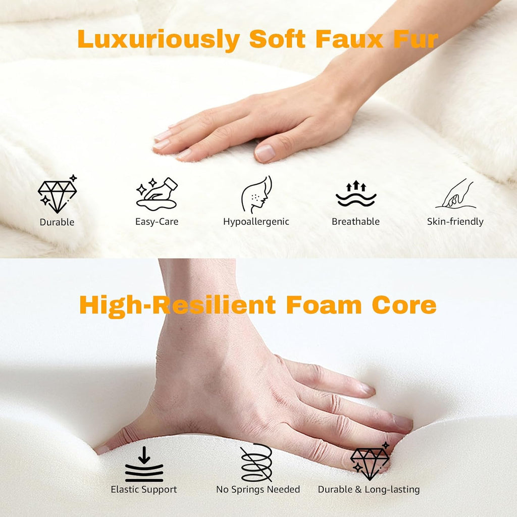 Large Bean Bag Chair with Ottoman, Giant Faux Fur Adult Bean Bag Sofa with Footrest, Ergonomic Lounge Couch for Bedroom, Living Room, Large Comfy Reading Chair Gaming (White, Single, Simple)