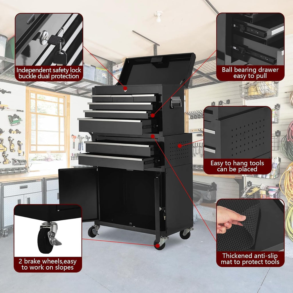 Towallmark 8-Drawer Rolling Tool Chest, 2-in-1 High Capacity Removable Cabinet Storage Tool Box with Wheels and Drawers, Detachable Toolbox with Lock for Workshop Mechanics Garage (Black)