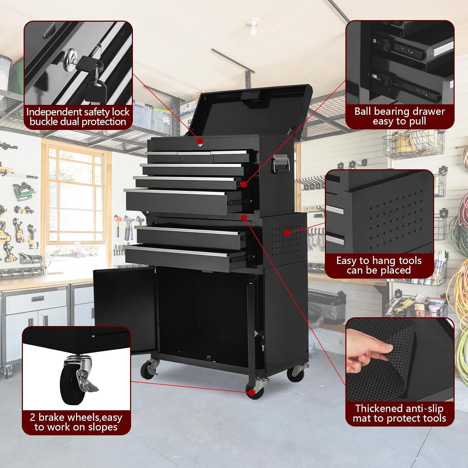Towallmark 8-Drawer Rolling Tool Chest, 2-in-1 High Capacity Removable Cabinet Storage Tool Box with Wheels and Drawers, Detachable Toolbox with Lock for Workshop Mechanics Garage (Black)