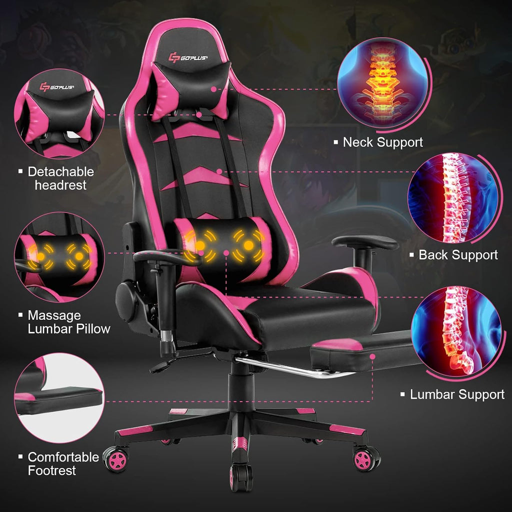GORELAX Massage Gaming Chair, Reclining Computer Chair w/Lumbar Support, Adjustable Arms, Footrest, High Back Racing Style Ergonomic Home Office Chair for Heavy People (Pink)
