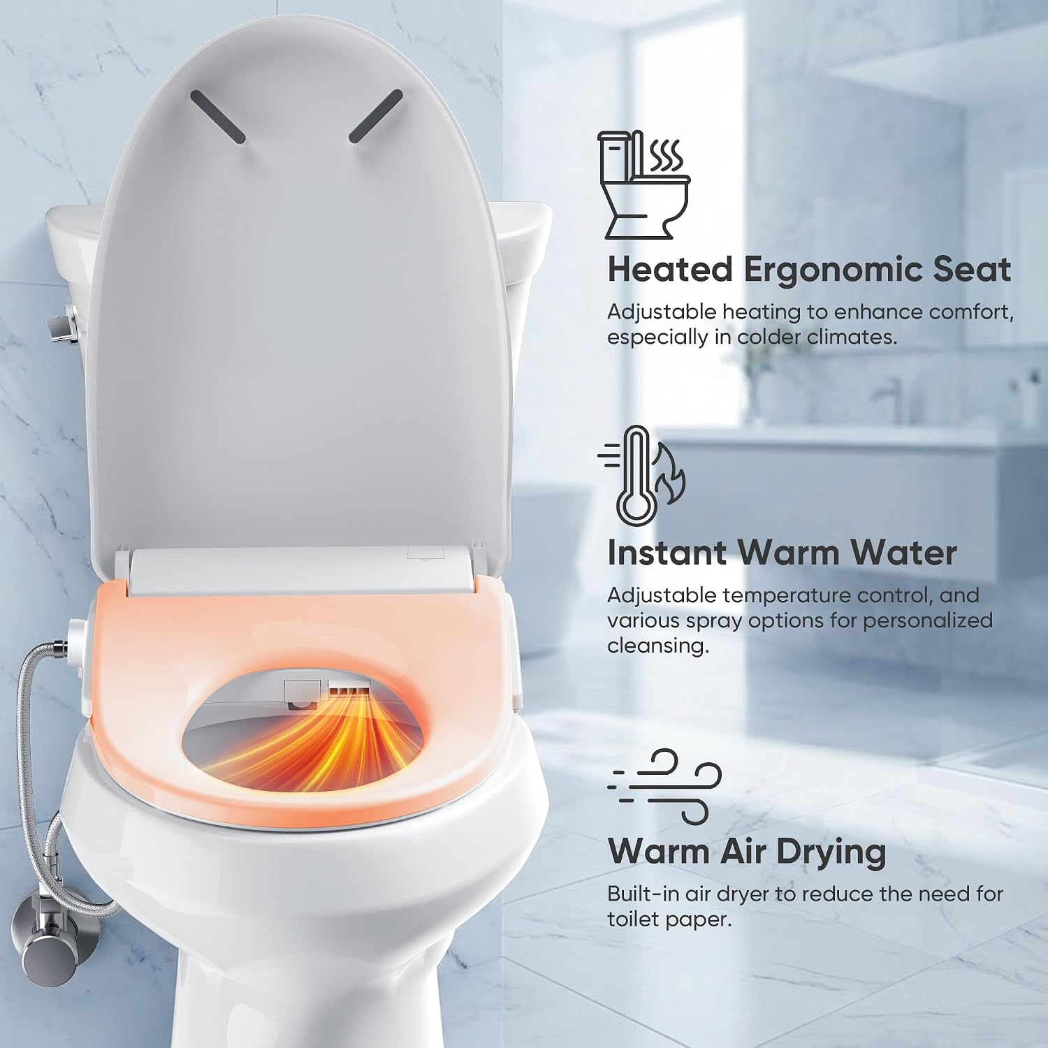 Electric Bidet Toilet Seat with Instant Warm Bidet Wash & Warm Air Dryer, Self-Cleaning Stainless Steel Nozzle, Soft Close Lid, Elongated