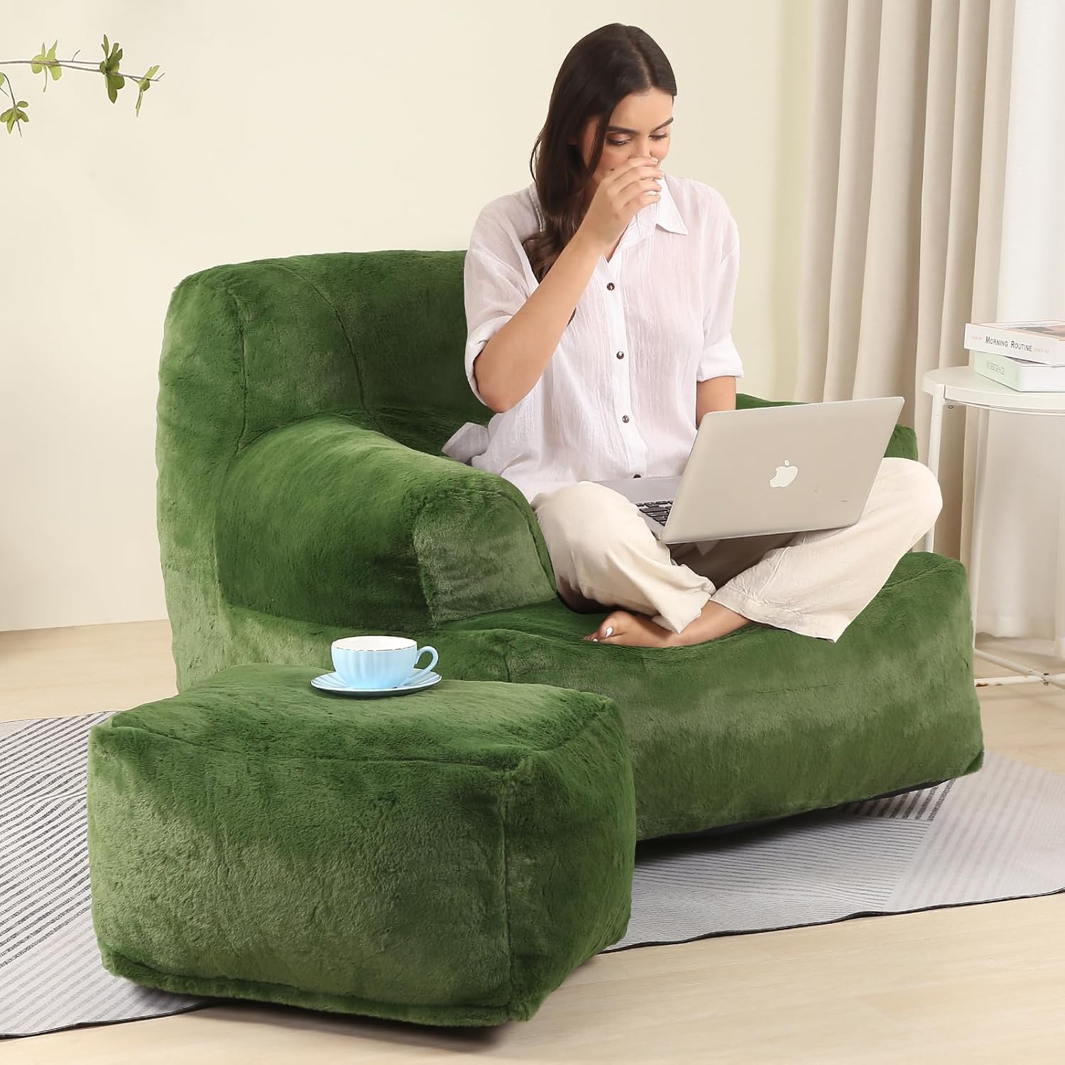 MOMCAYWEX Comfy Gaint Bean Bag Chair with Ottoman, Huge Bean Bag Armchair for Adults and Teens, Green