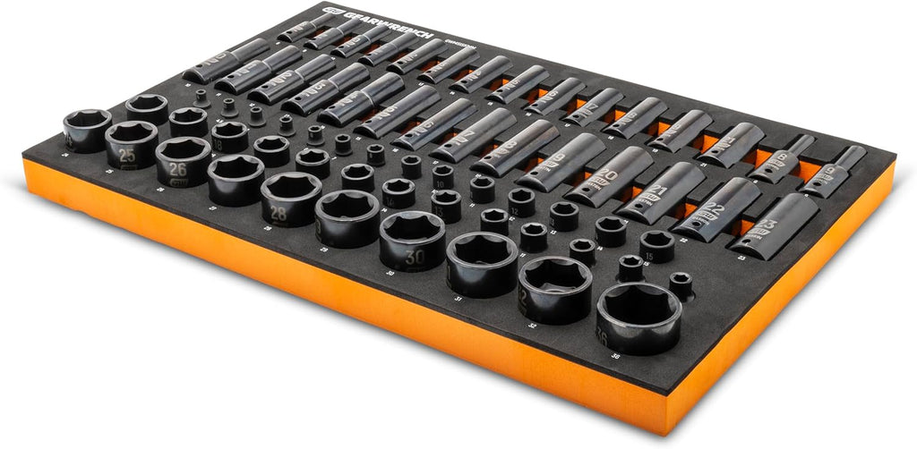 GEARWRENCH 66 Piece 1/4', 3/8', 1/2' Drive 6 Point Metric Impact Socket Set in Foam Storage Tray - GWMSISKMM