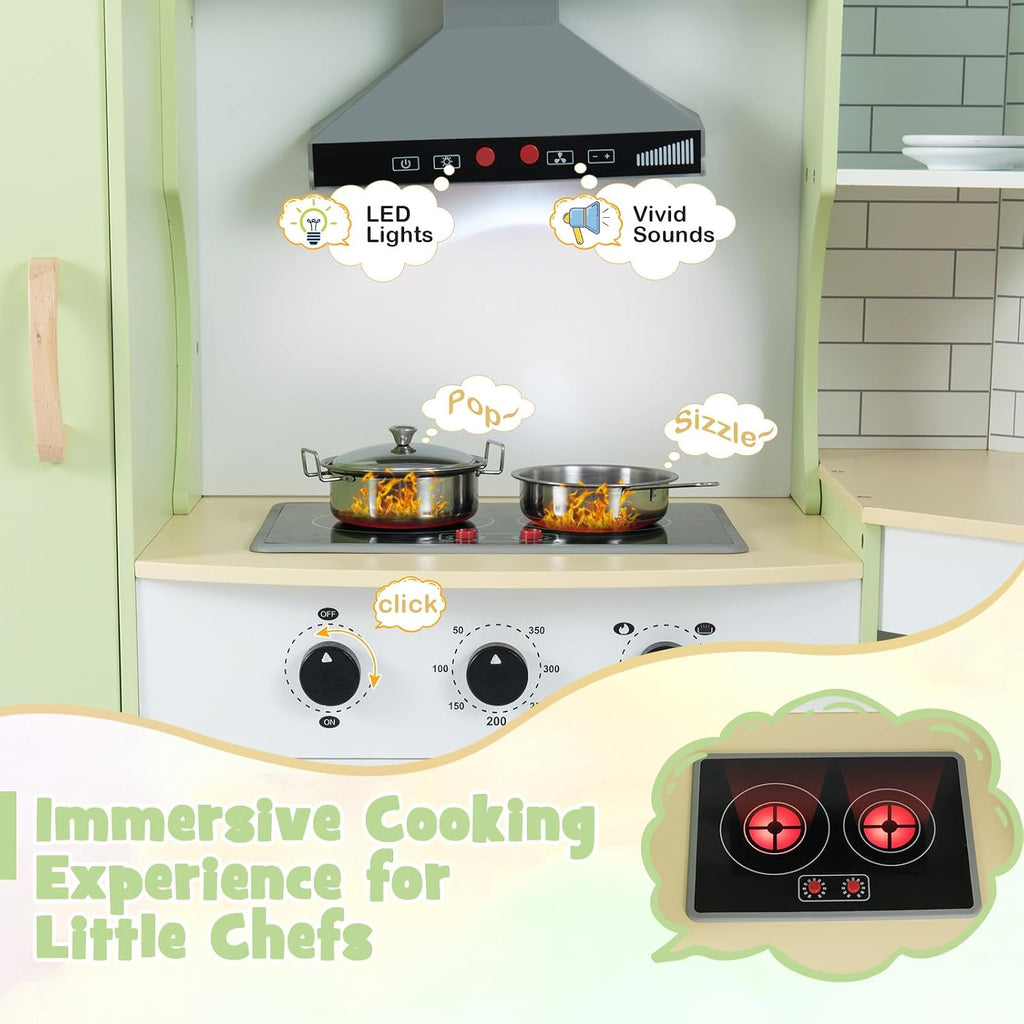 Costzon Corner Kids Kitchen Playset, Wooden Play Kitchen w/Sounds & Lights, Washing Machine, Range Hood, Ice Maker, Microwave, Oven, Sink, Pretend Toy Kitchen Set for Toddler, Gift for Boys Girls