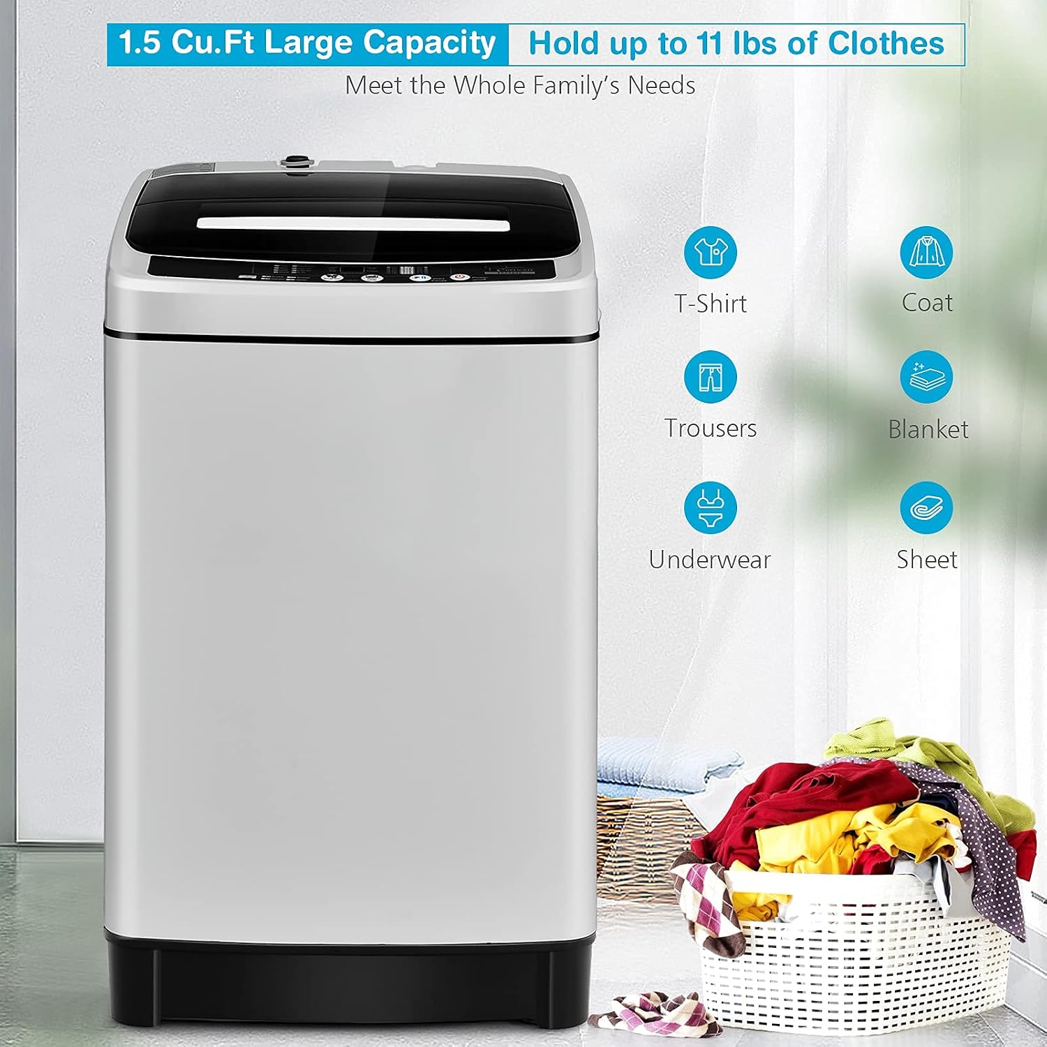 Giantex Full Automatic Washing Machine, 2 in 1 Portable Laundry Washer 1.5Cu.Ft 11lbs Capacity Washer and Spinner Combo 8 Programs 10 Water Levels Energy Saving Top Load Washer for Apartment Dorm