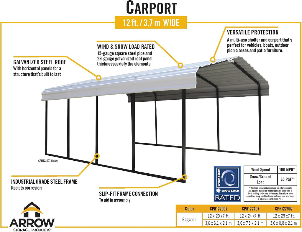 ARROW 12' x 20' x 7' 29-Gauge Carport with Galvanized Steel Roof Panels