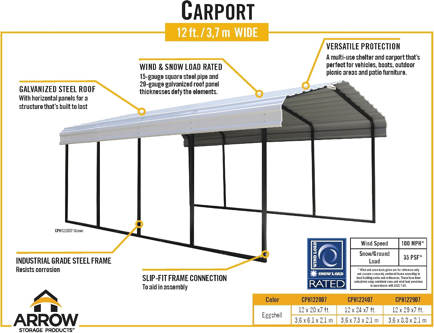ARROW 12' x 20' x 7' 29-Gauge Carport with Galvanized Steel Roof Panels