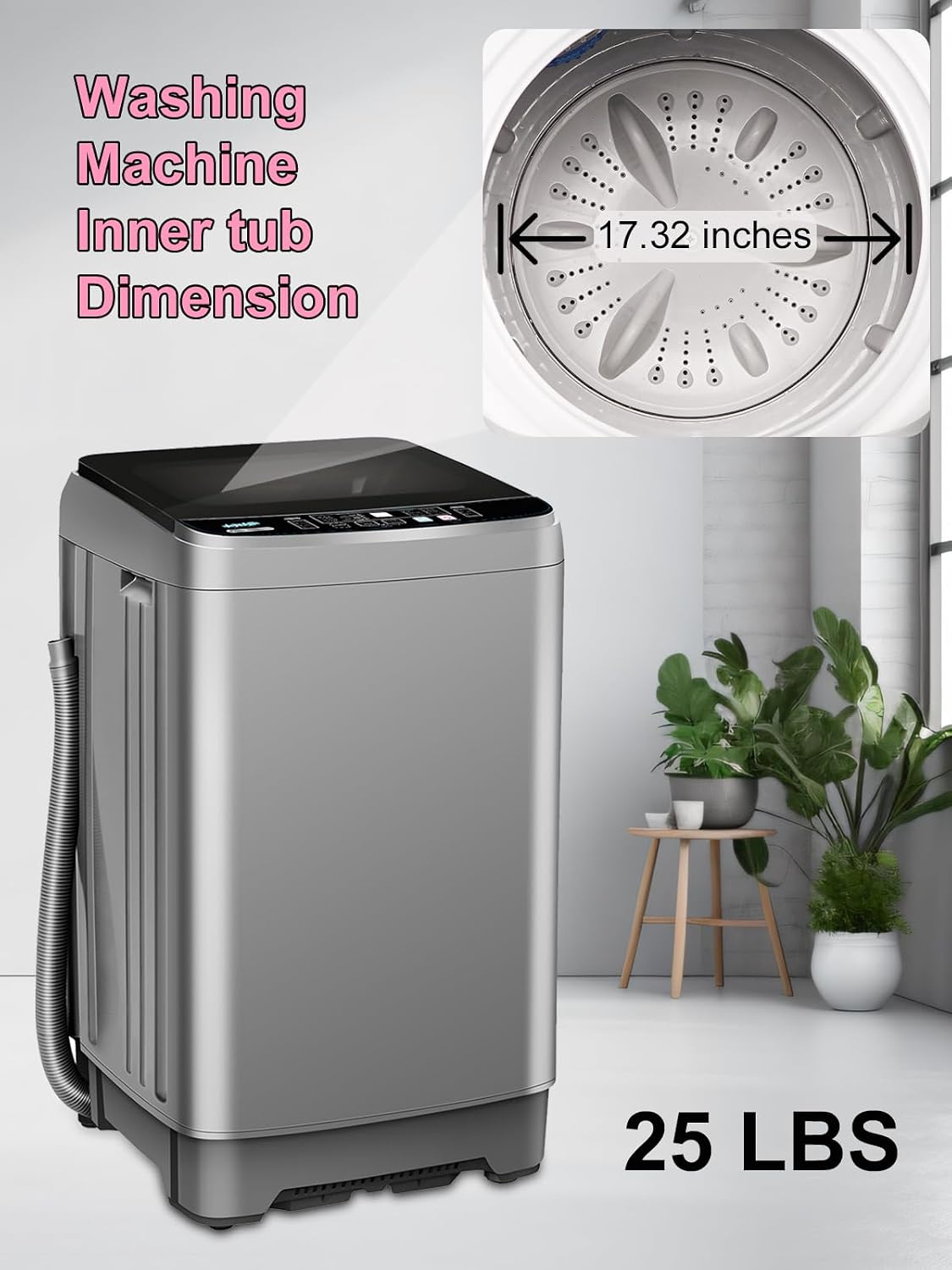 KRIB BLING Full Automatic Washing Machine with LED Display, 25 lbs Washer Drain Pump, 10 Programs & 8 Water Levels Selections, Ideal for Apartment, Dorm, Grey