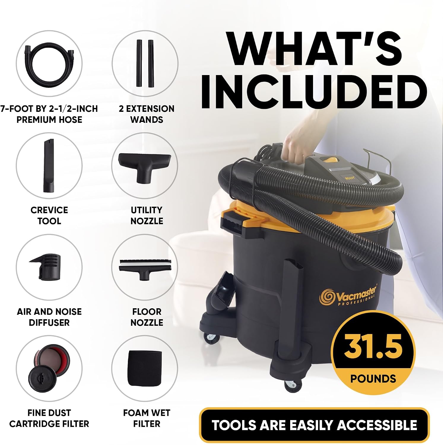 Vacmaster Professional - Wet/Dry Vac, 16 Gallon, Beast Series, 6.5 HP 2-1/2' Hose (VJH1612PF0201), Black