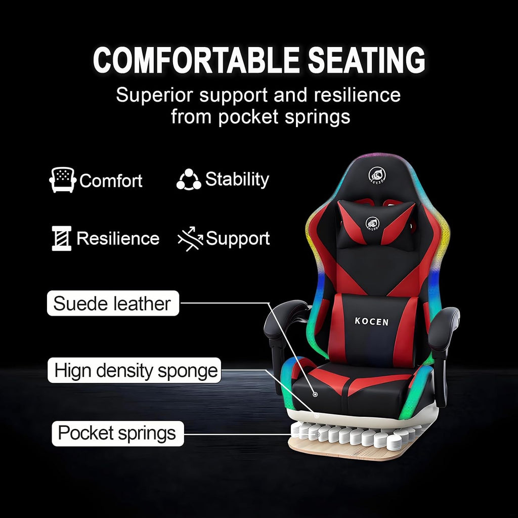 LED Gaming Chairs for Adults Tall and Kids，Lumbar Support,LED Lights，High Back Reclining Computer Chair with Headrest (RedBlack)