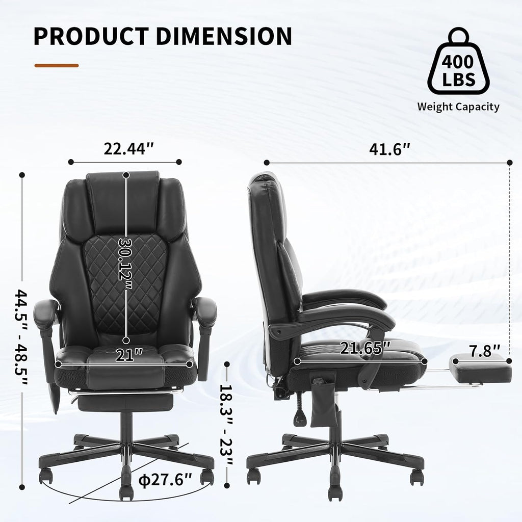 Massage Office Chair with Footrest, Heated Reclining Office Chair for Heavy People 400 lbs,High Back Executive Leather Home Desk Chair 6 Vibration Points,Ergonomic Managerial Chair, Black
