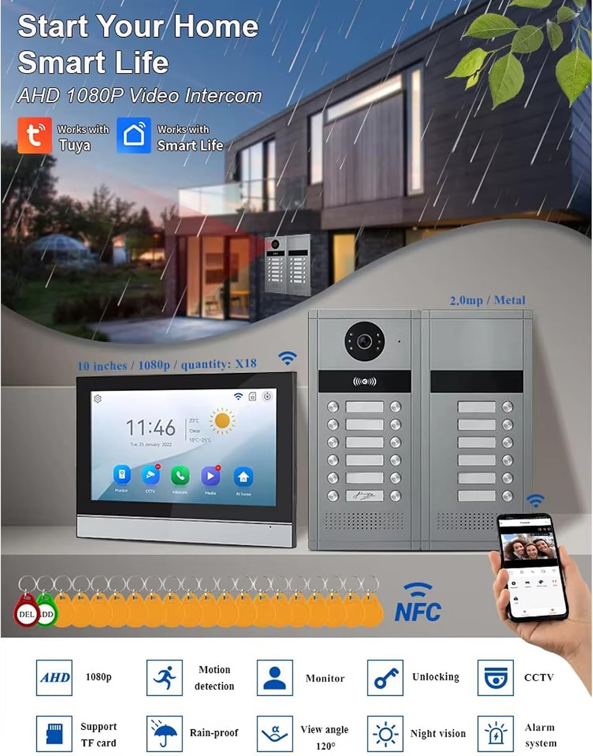 Wired Video Apartment Intercom System,6/12/18/24 Units 7 Inch Monitor 1080P Doorbell Intelligent Doorphone Kit with Motion Detection,Anti-Tamper Alarm,3 in 1 Unlock for Flat House,Tuya (18 Monitor)