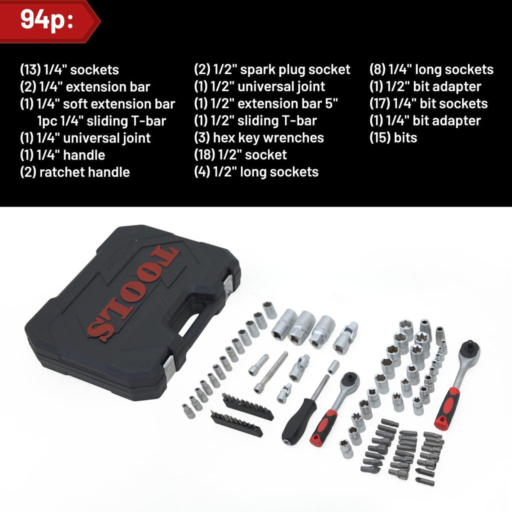 Hand tools, Mechanics Tool Set 94pcs Socket Set wih Case, 1/4' & 1/2' Drive, Versatile and Durable Tool Kit for Auto & Motorcycle Repair, Home, and DIY Projects (94p)