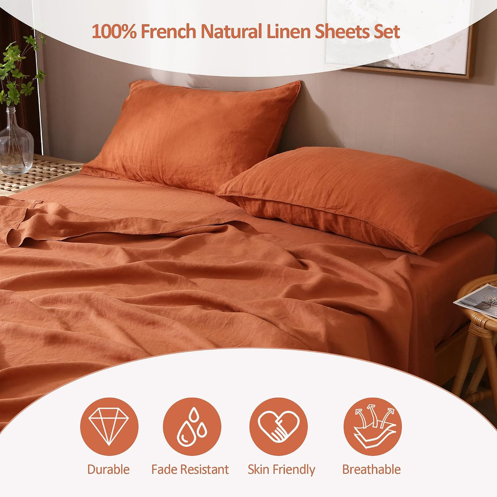 S VICTORY SYMBOL 100% Organic Linen Sheets Set King Size,Natural French Linen Bed Sheets,Stone Washed 4 Pieces Bedding Set,Ultra Soft Luxurious(Caramel,King)