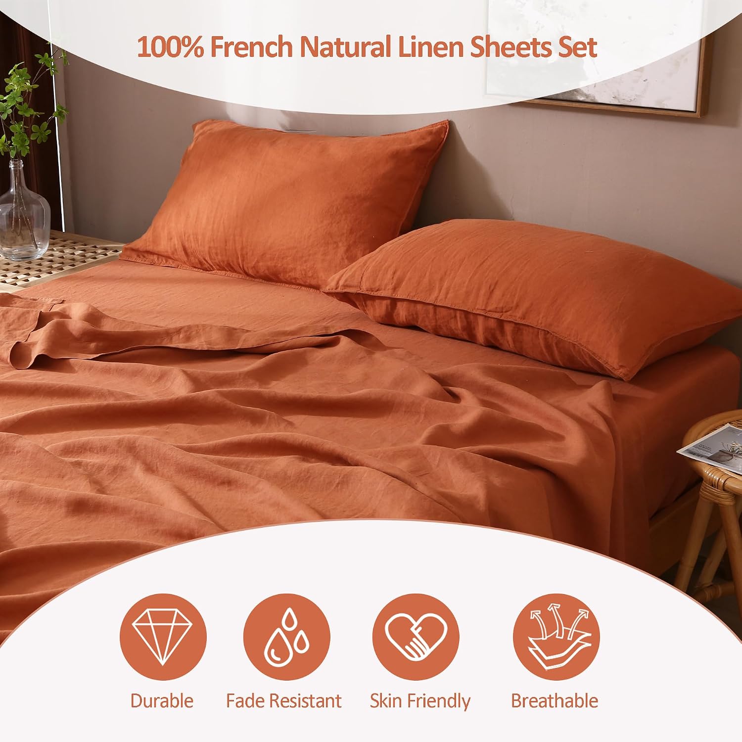 S VICTORY SYMBOL 100% Organic Linen Sheets Set King Size,Natural French Linen Bed Sheets,Stone Washed 4 Pieces Bedding Set,Ultra Soft Luxurious(Caramel,King)