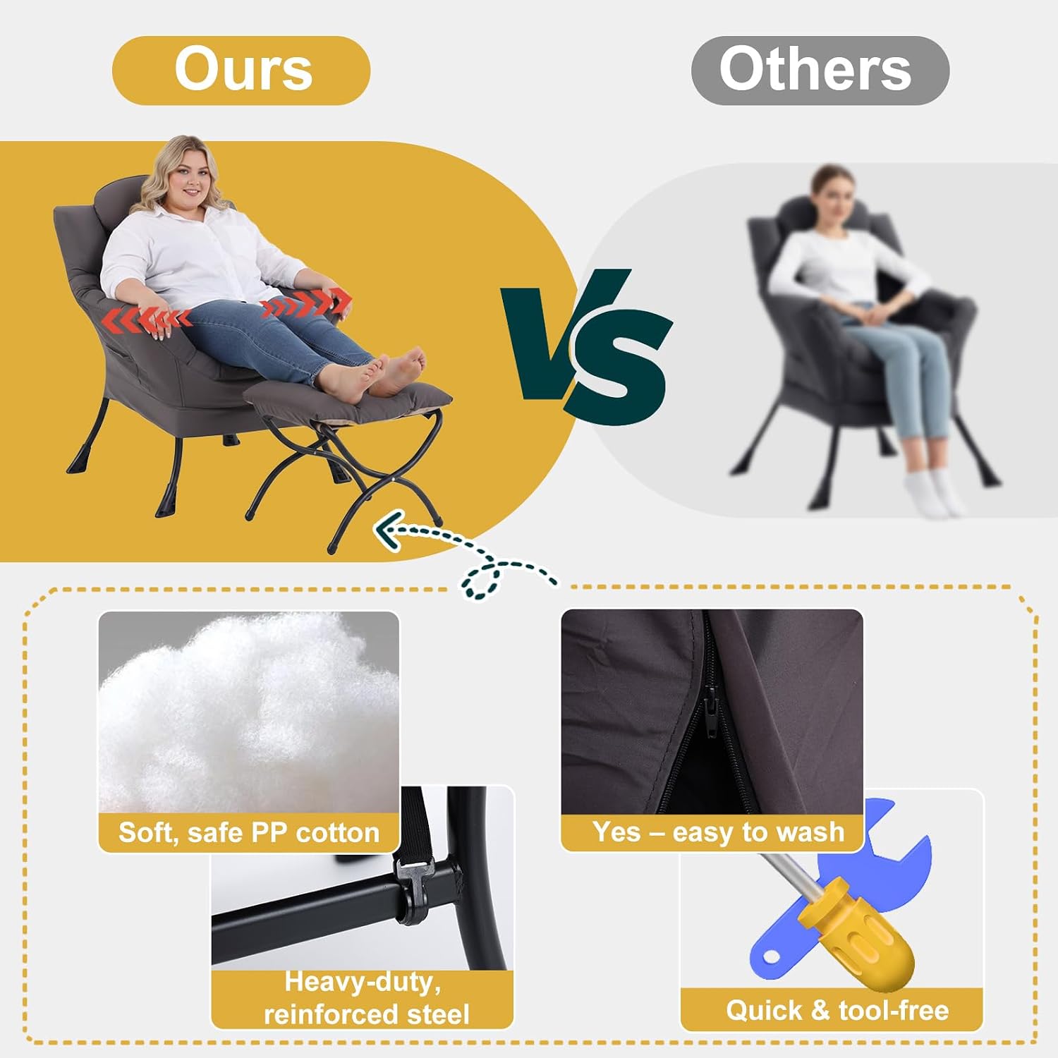Lazy Chair with Ottoman, Large Accent Chair with Ottoman and a Throw Pillow, Shadow Grey Reading Chair for Living Room Bedroom Dorm Room Office Apartment Relaxing Use