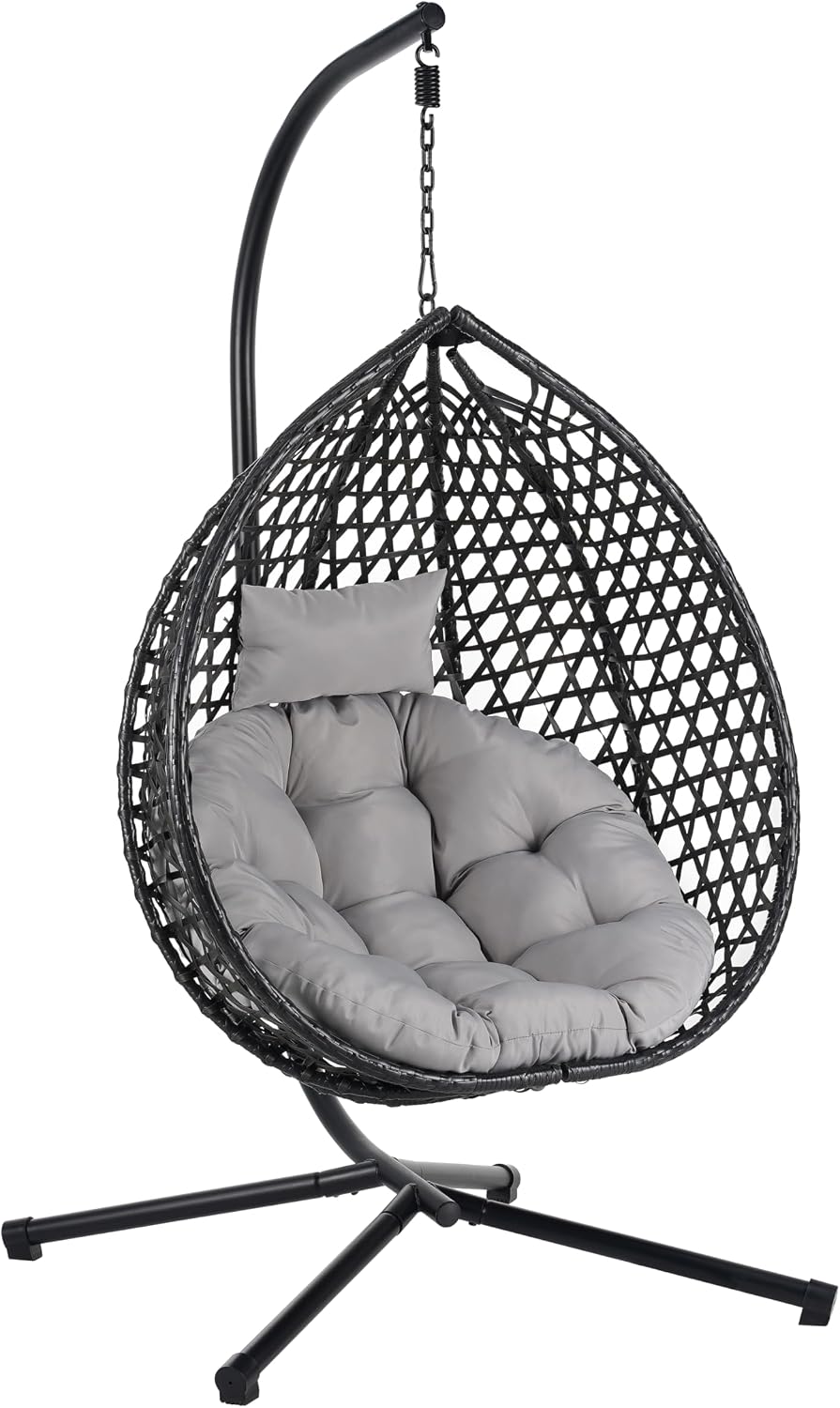 Egg Hanging Chair with Stand, Indoor Outdoor Hammock Egg Chair with Cushion for Patio Bedroom Balconyg Egg Chair (Black+ Gray)