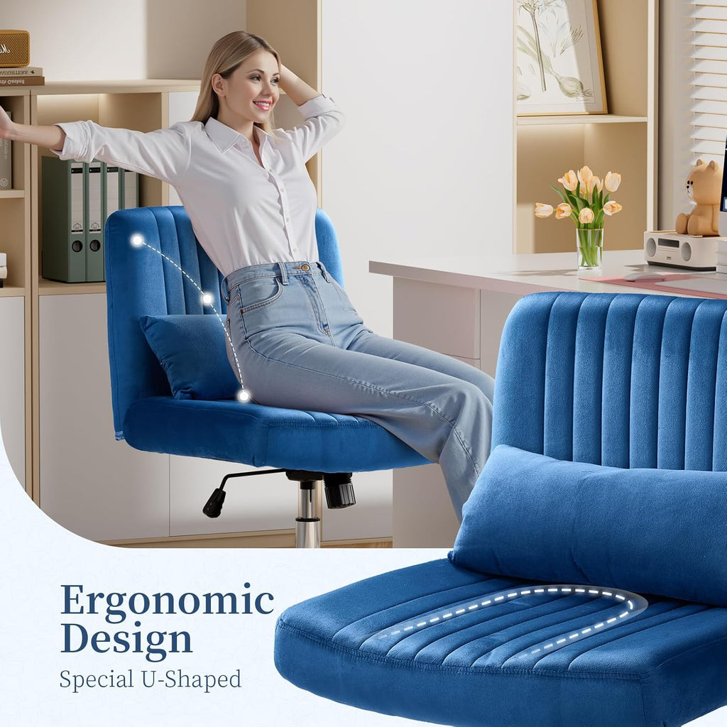 Warmiehomy Velvet Criss Cross Chair with Wheels, Cross Legged Office Chair, Comfy Desk Chair for Home Office, Ergonomic Computer Chair, Wide Seat Vanity Chair, for Adults, Royal Blue