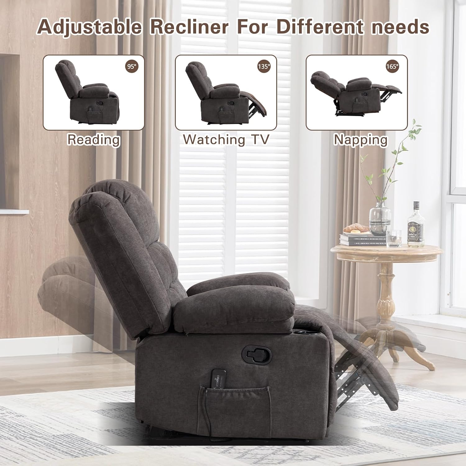 EBELLO Manual Recliner Chair for Adults with Vibration Massage and Lumbar Heating, Soft Fabric Recliner Single Sofa with Side Pocket and Two Cup Holders for Living Room, Set of Grey