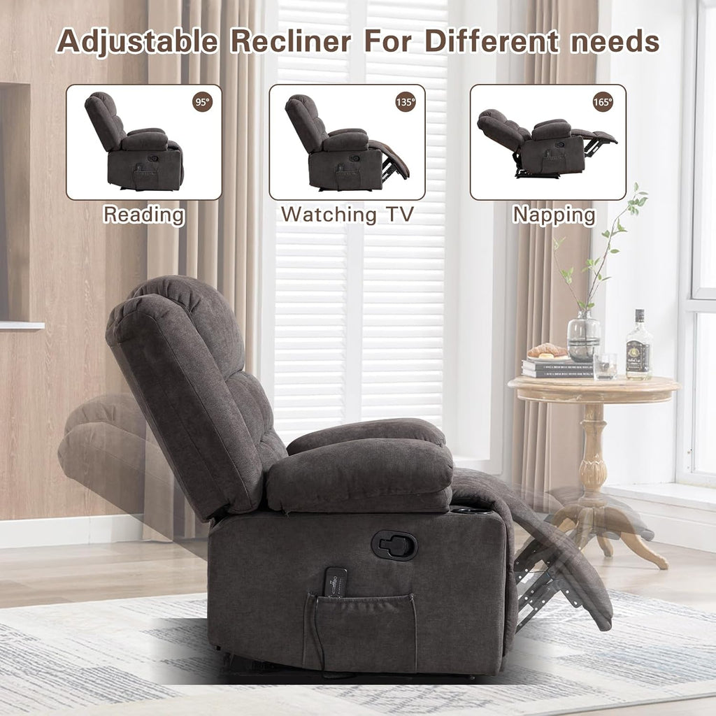 EBELLO Manual Recliner Chair for Adults with Vibration Massage and Lumbar Heating, Soft Fabric Recliner Single Sofa with Side Pocket and Two Cup Holders for Living Room, Grey
