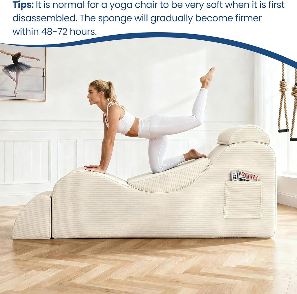 Yoga Chair for Adult, Chaise Lounge Chair with Headrest, Waist Pad, Ottoman, Side Pocket, High Density Foam and Non-Slip Bottom, Yoga Chair for Stretching Exercise, Massage, and Relaxation (Beige)