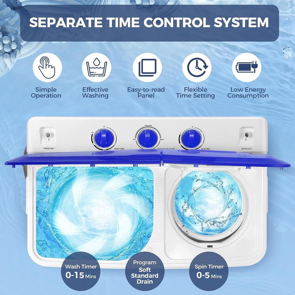 Nictemaw Portable Washing Machine, 30Lbs Portable Washer Machine, Twin Tub Compact Laundry Machine with Drain Pump, Semi-Automatic 19Lbs Washer and 11Lbs Spinner Combo for Apartments, Dorms, RVs