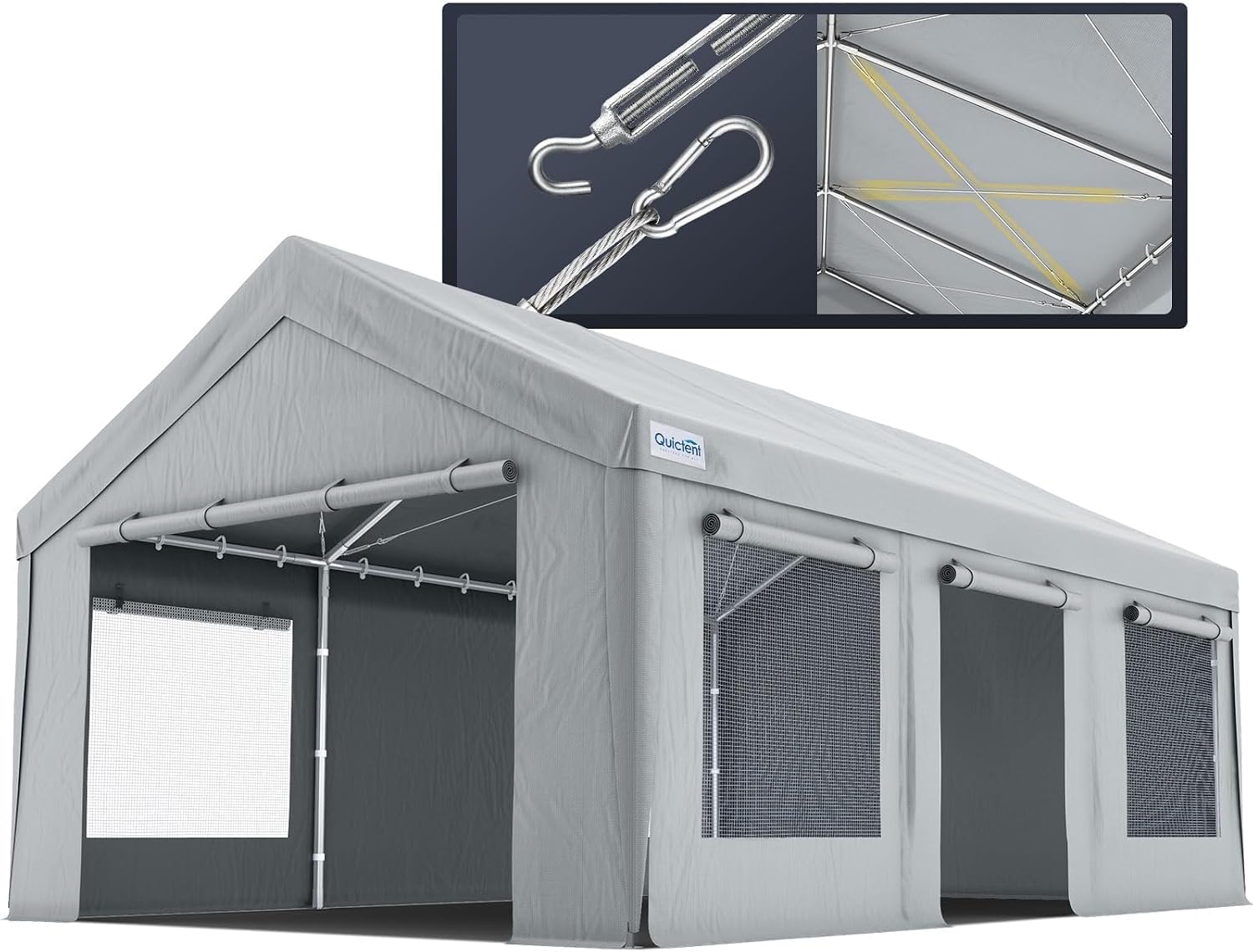 Quictent Heavy Duty 10x20 ft Carports with Side Zipper Doors & Snowproof Steel Cables & Ventilated Windows, Waterproof Storage Shelter for Car, Boat, RV, Outdoor Equipment, Gray