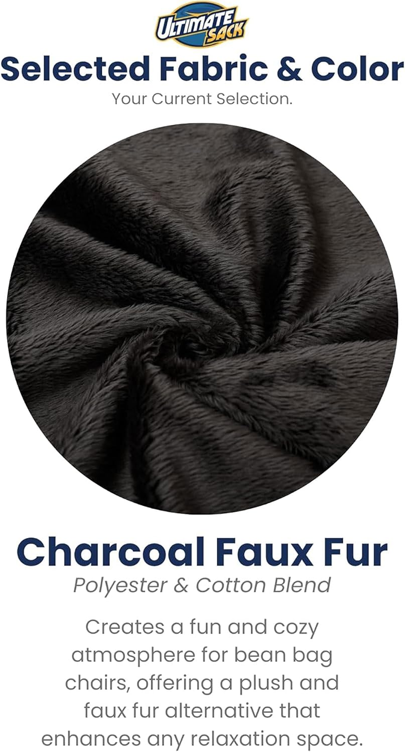 ULTIMATE SACK 5000 5-Foot Bean Bag Chair with Footstool, Charcoal Fur Cover – Oversized Foam Lounger, Floor Seat, Small Sofa, or Couch Bed for Living Area, Gaming Room, or Reading Lounge