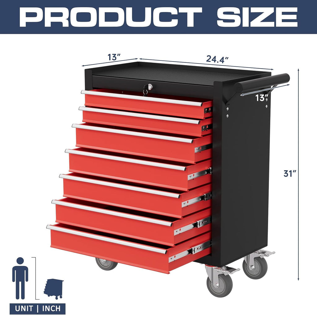 7-Drawer Tool Chest,Rolling Tool Cart with Wheels,High Capacity Tool Cabinet with Locking System for Garage, Warehouse, Workshop-Black&Red
