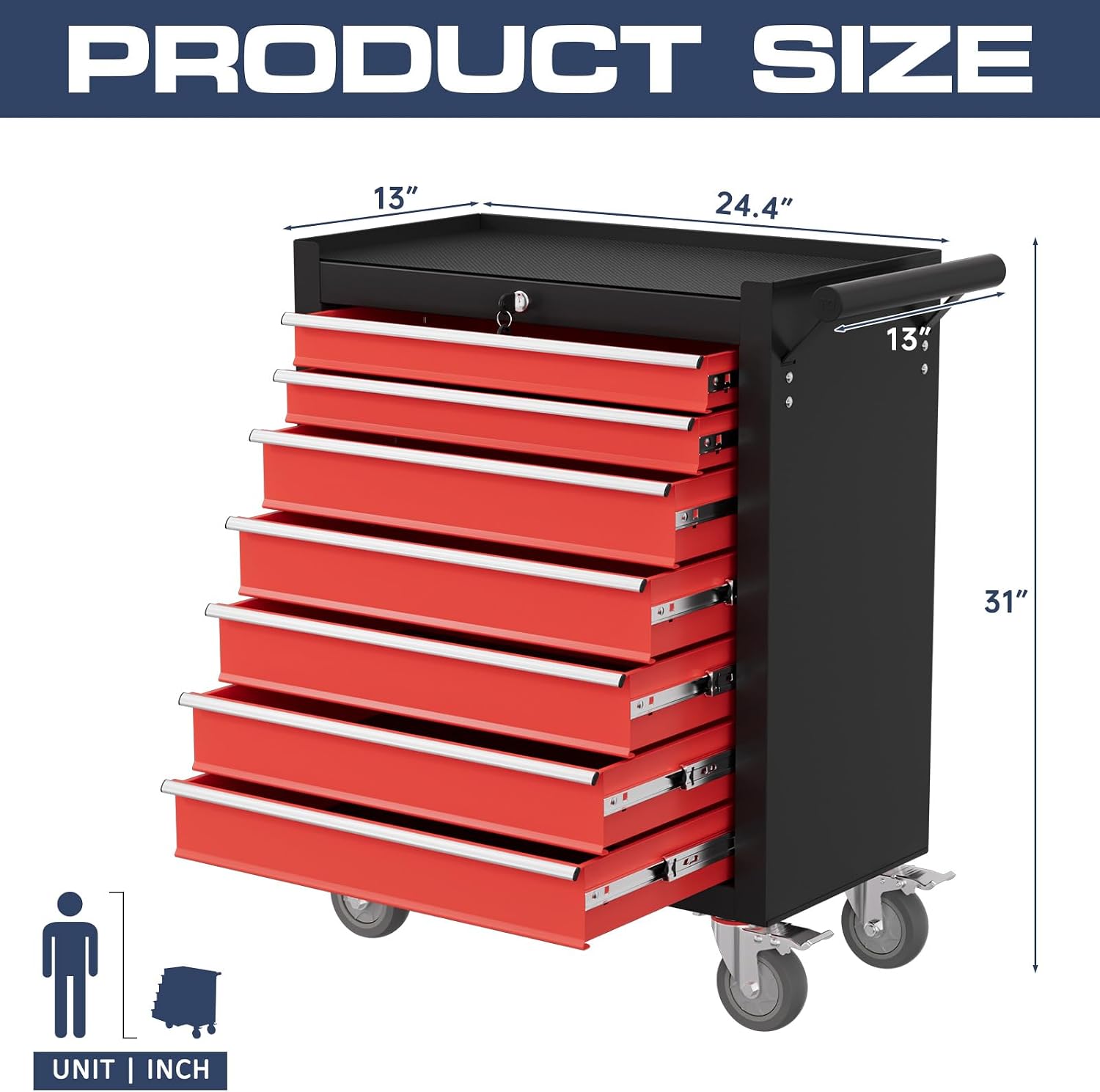 7-Drawer Tool Chest,Rolling Tool Cart with Wheels,High Capacity Tool Cabinet with Locking System for Garage, Warehouse, Workshop-Black&Red