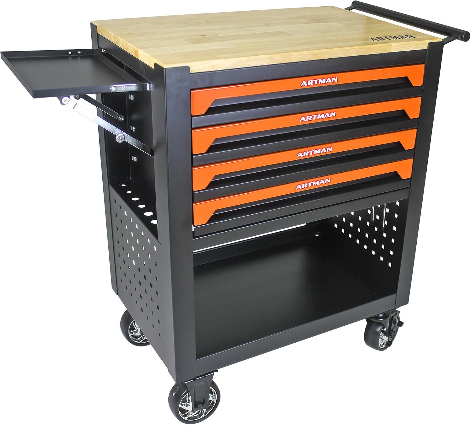 Rolling Tool Cart with 4-Drawer Wood Top Utility Tool Chest on Wheels Mechanic Tool Storage Organizer Cabinet for Garage, Warehouse, Workshop, Repair Shop (Orange)
