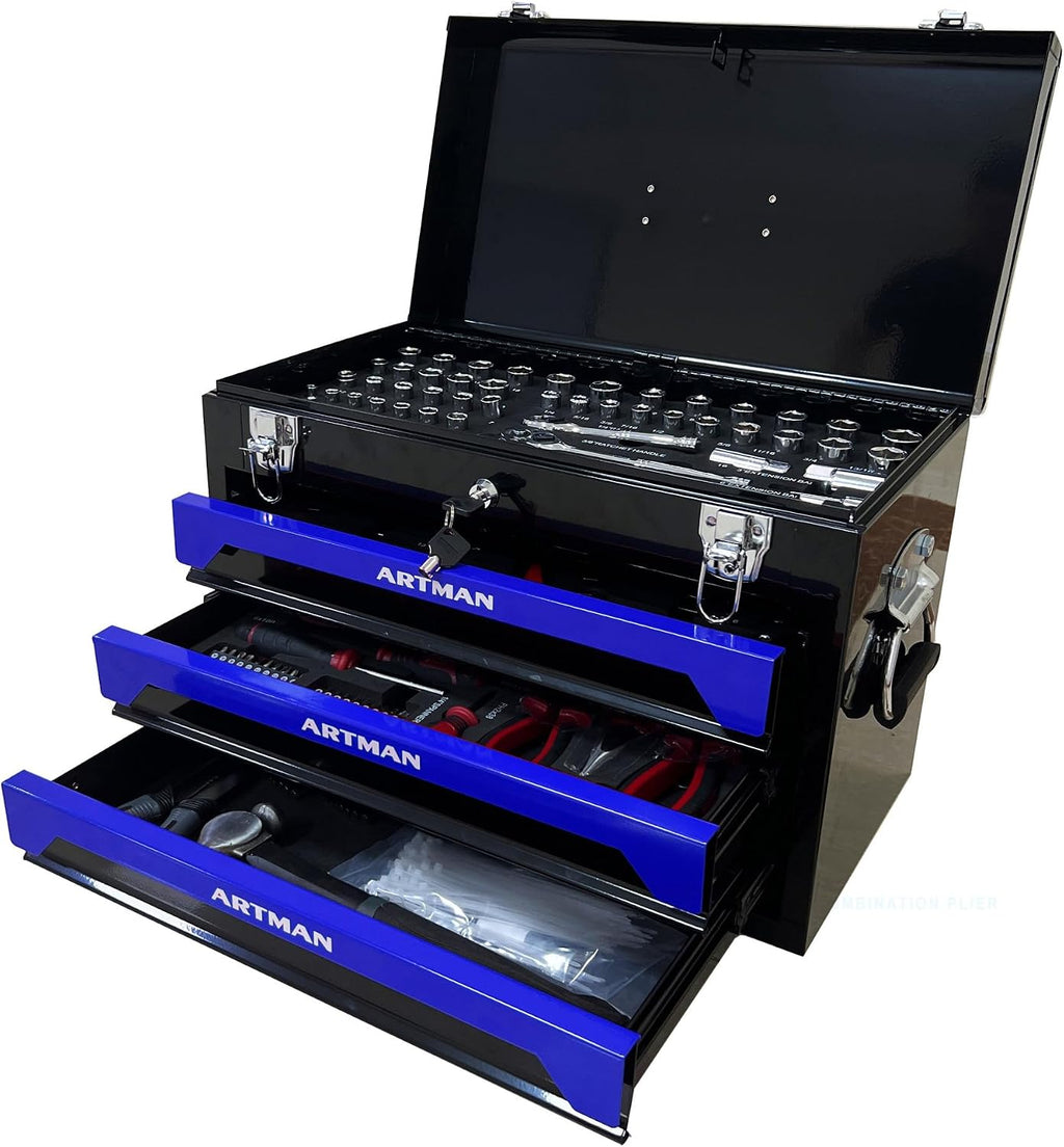 439-Piece Mechanics Tool Set, Household Tool kit with 3-Drawer Heavy Duty Metal Box, Portable Tool Box for Home/Auto Repair - Gift for Men - Blue & Black
