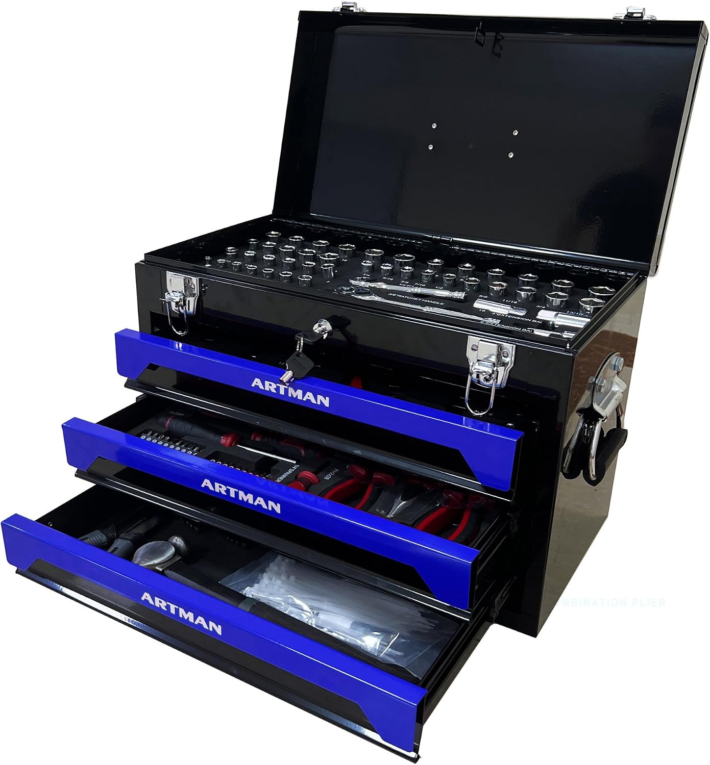 439-Piece Mechanics Tool Set, Household Tool kit with 3-Drawer Heavy Duty Metal Box, Portable Tool Box for Home/Auto Repair - Gift for Men - Blue & Black