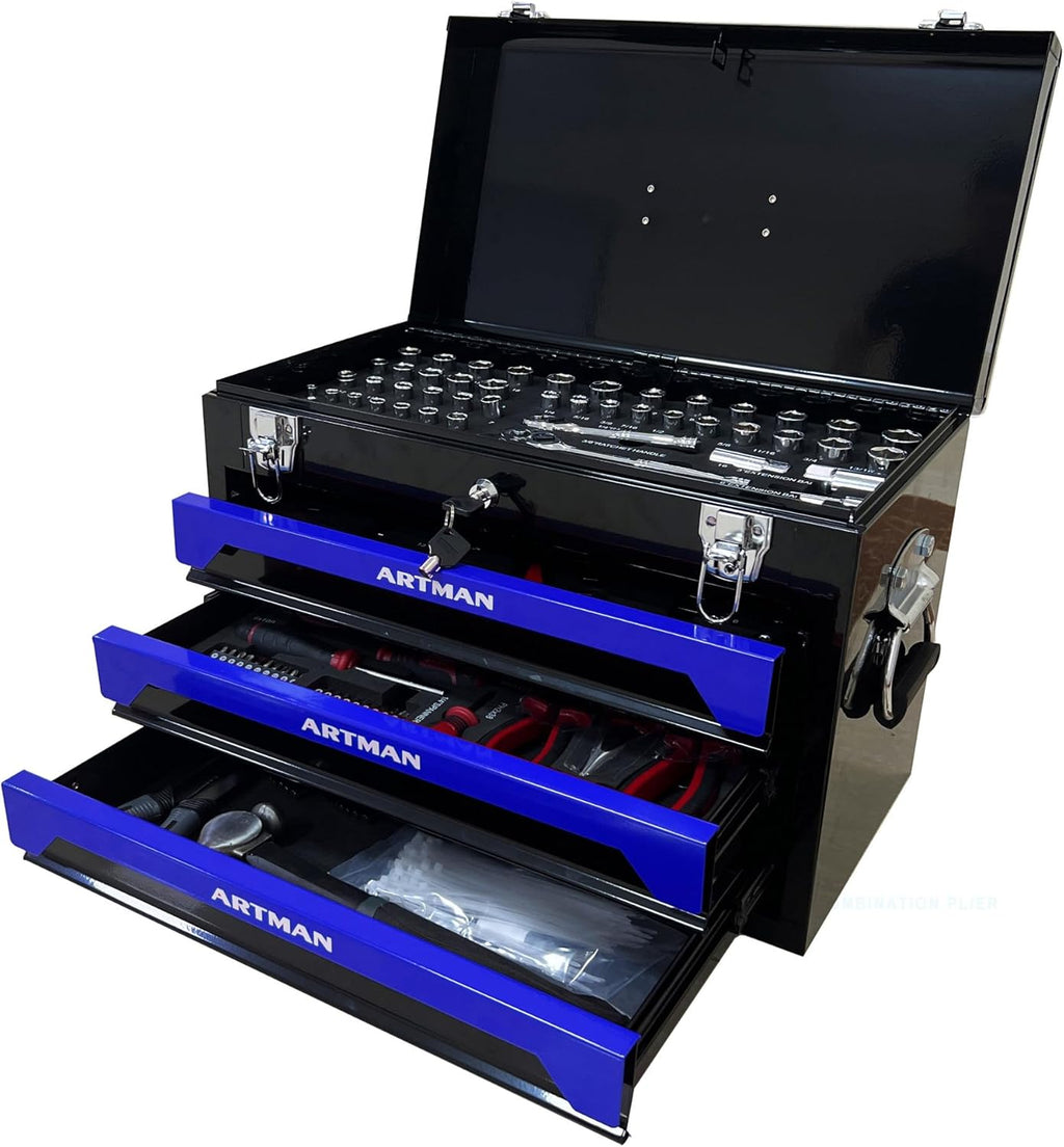 Tool Box Including 439 Pieces of Mechanics Tool Kit, 4-Drawer High Capacity Tool Chest, Lockable Home Repair Tool Storage Organizer with Sliding Drawers for Garage,Blue