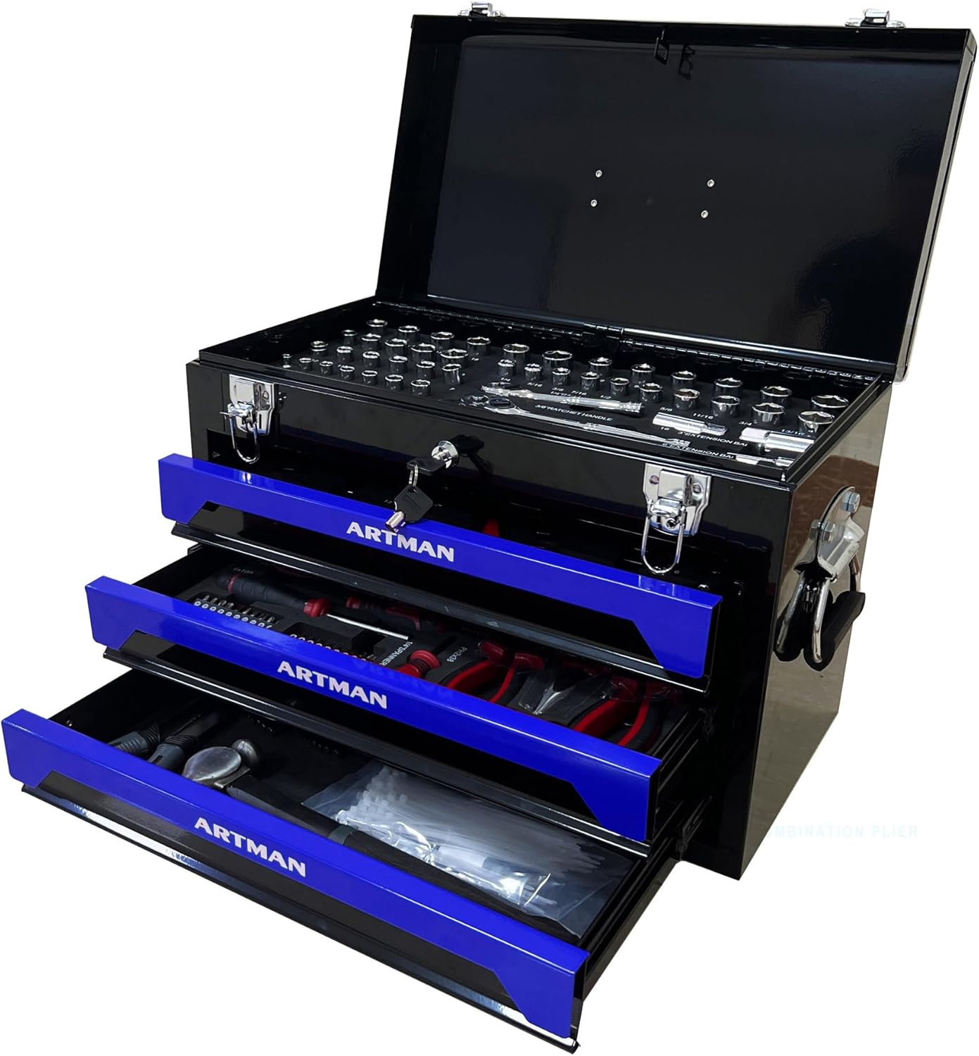 Tool Box Including 439 Pieces of Mechanics Tool Kit, 4-Drawer High Capacity Tool Chest, Lockable Home Repair Tool Storage Organizer with Sliding Drawers for Garage,Blue