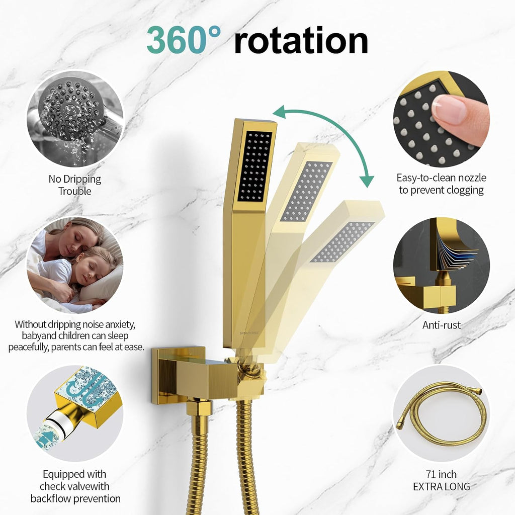 SR SUN RISE Shower Faucets Sets Complete Brushed Gold Square Rain Shower Head with Handheld Spray All Metal Shower Faucet Trim Repair Kits (Contain Shower Valve)