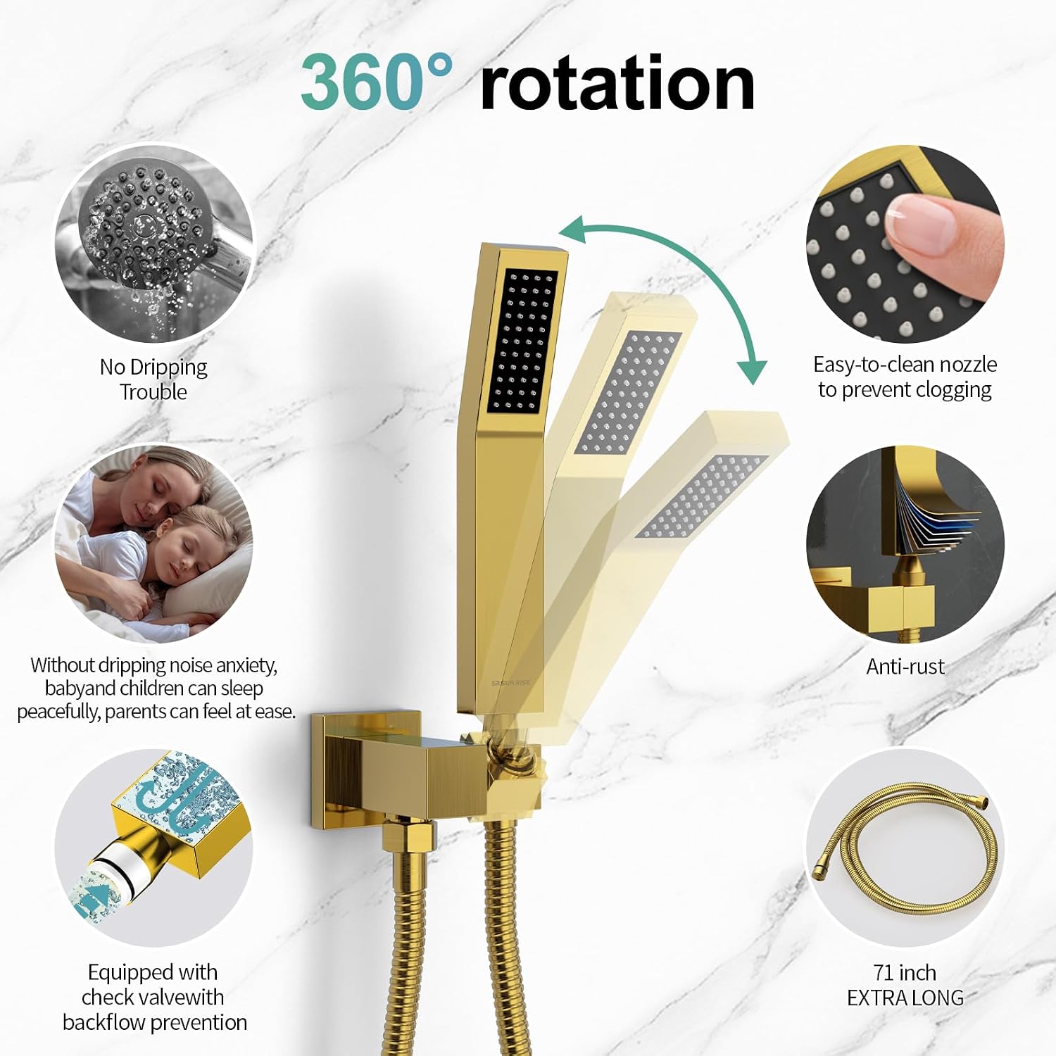 SR SUN RISE Shower Faucets Sets Complete Brushed Gold Square Rain Shower Head with Handheld Spray All Metal Shower Faucet Trim Repair Kits (Contain Shower Valve)