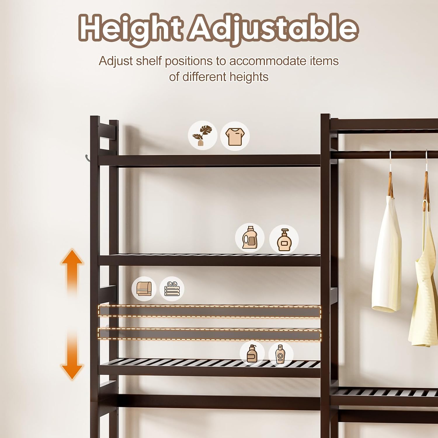 Cozivolife Over The Washer and Dryer Storage Shelf Bamboo,5 Tiers Laundry Room Drying Rack with Adjustable Shelves and 4 Hooks,Space Saver Organizer for Hanging Clothes and Towels (Brown)