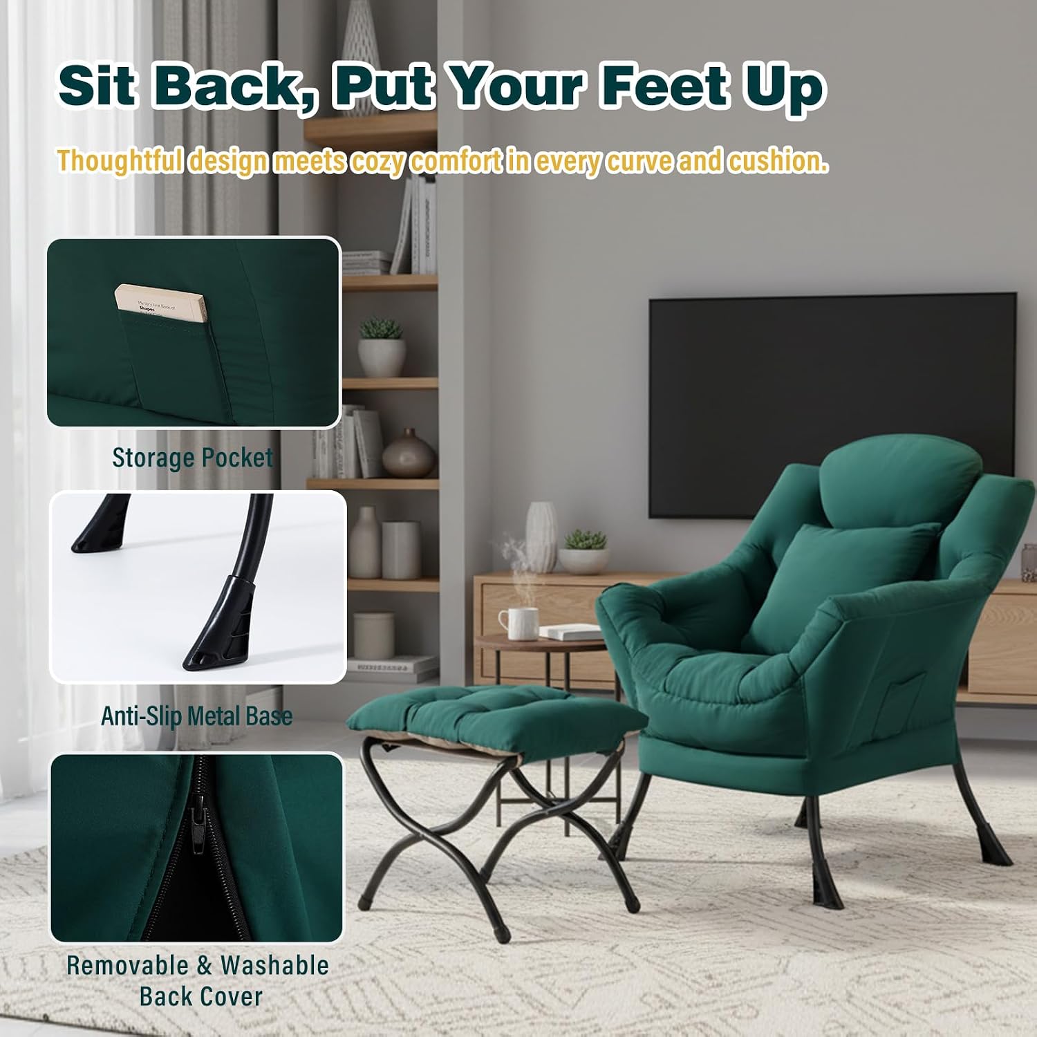 Lazy Chair with Ottoman, Large Accent Chair with Ottoman and a Throw Pillow, Dark Green Reading Chair for Living Room Bedroom Dorm Room Office Apartment Relaxing Use